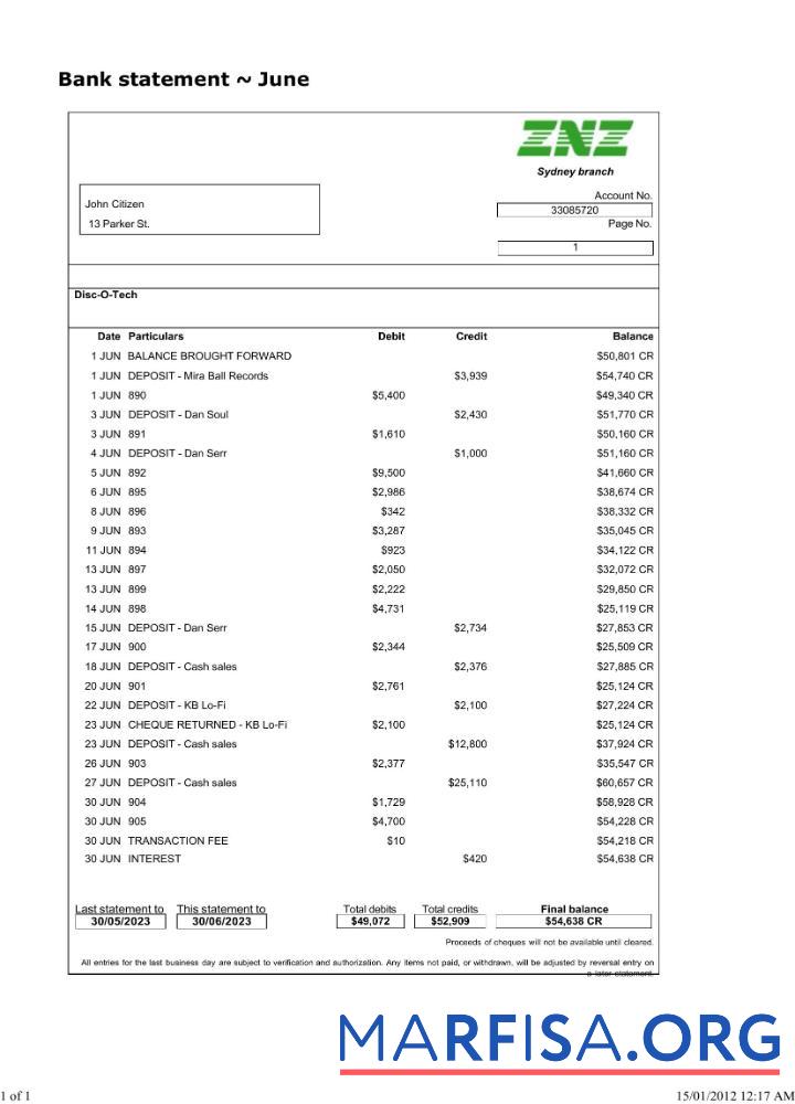 Realistic Sydney ZNZ bank statement word sample